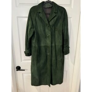 Vintage Beged-Or Israeli Green Suede Leather Button Front Trench Duster Coat 14